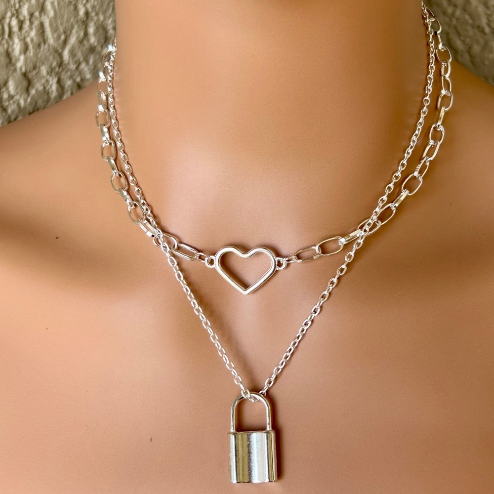 Layered Silver Heart and Lock Necklace